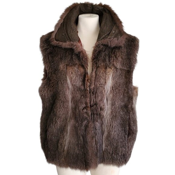 Andrew Marc Vintage New Zealand Opossum Fur Full Zip Leather Collar Vest Brown L - Picture 2 of 16